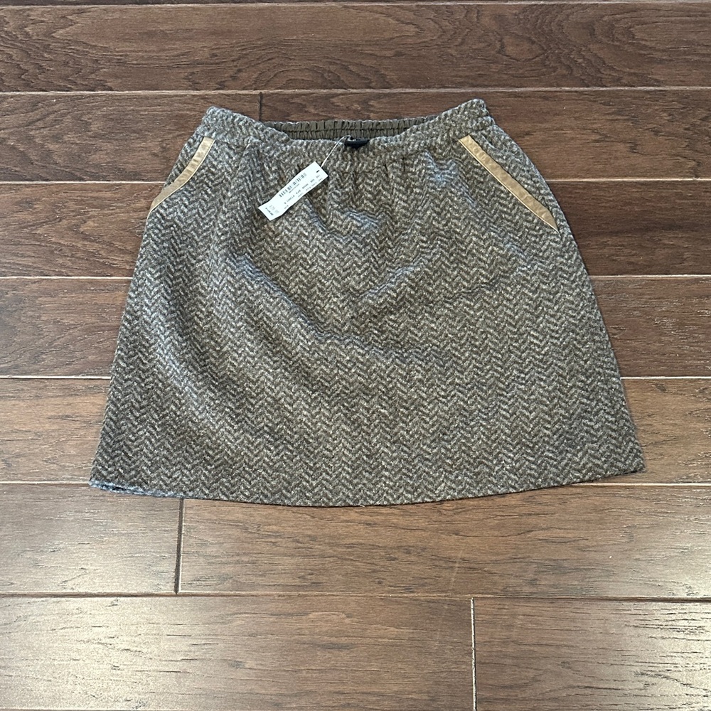 J. Crew Gray Herringbone Mini Skirt with Genuine leather Tan Details